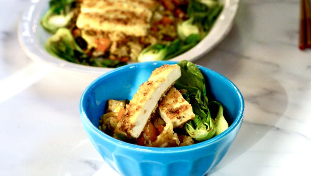 Low FODMAP Vegetable Fried Rice with Tofu Tonkatsu