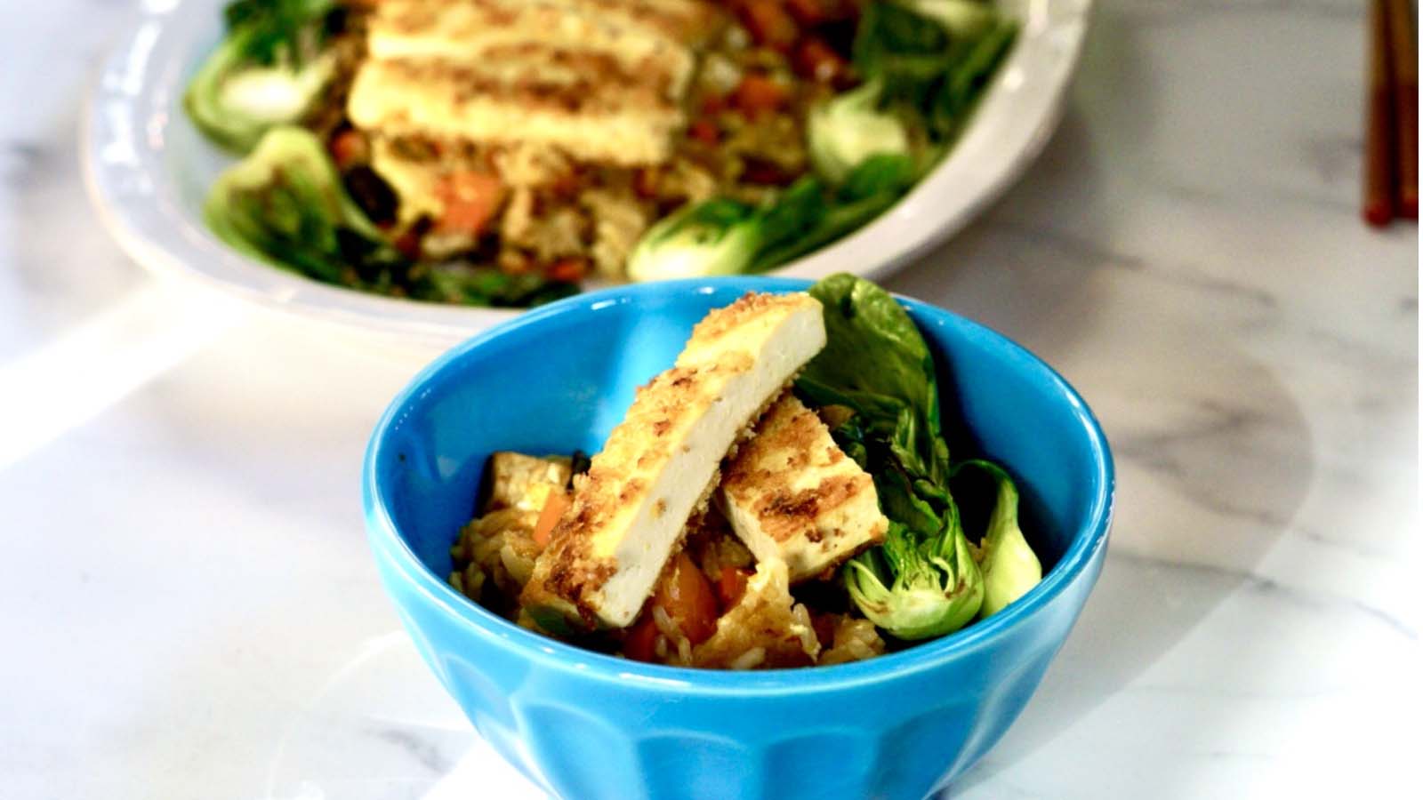 Low FODMAP Vegetable Fried Rice with Tofu Tonkatsu