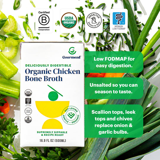 A picture of the carton with ingredients behind it. Also noting "low fodmap for easy digestion", "unsalted so you can season to taste" and "scallion tops, leek tops and chives replace onion & garlic bulbs."