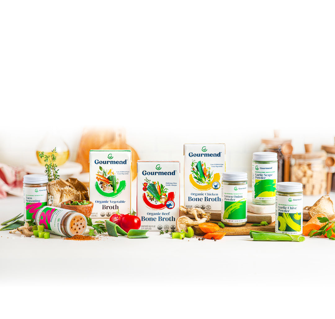 The Gourmend lineup — broths, seasoning jars, and salts