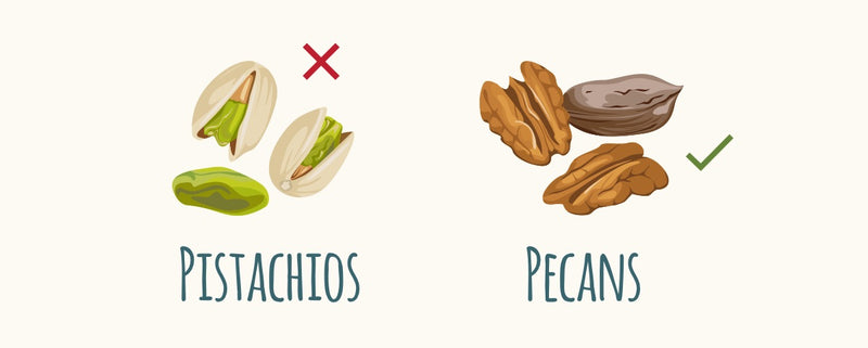 Pistachios, marked with a red X, versus pecans, marked with a green check mark.