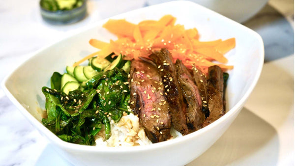 Low FODMAP Steak Teriyaki with Quick Pickle Cucumbers and White Rice