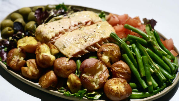 Low FODMAP Salmon Nicoise Salad with Roasted Smashed Potatoes & Turmeric Dressing