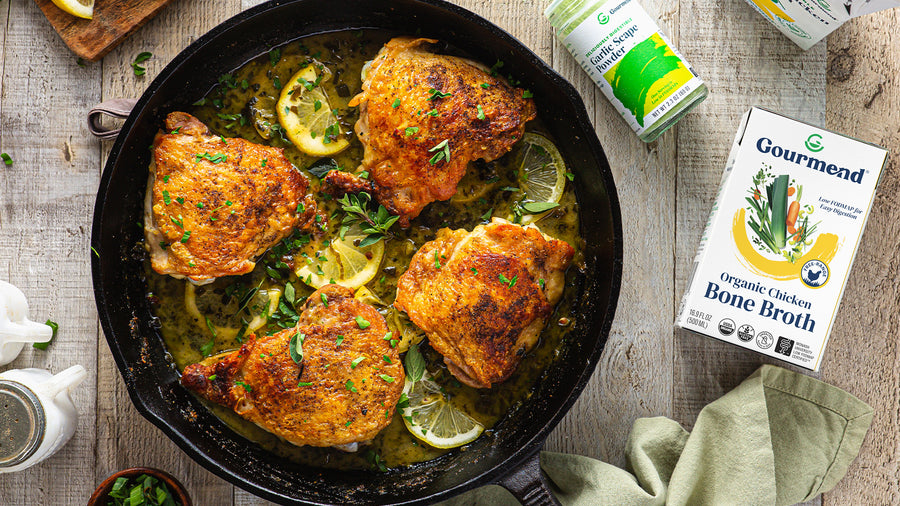 Low FODMAP Pan-Roasted Chicken in Lemon Sauce