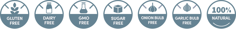 Seven badges: gluten free, dairy free, GMO free, sugar free, onion bulb free, garlic bulb free and 100% natural.
