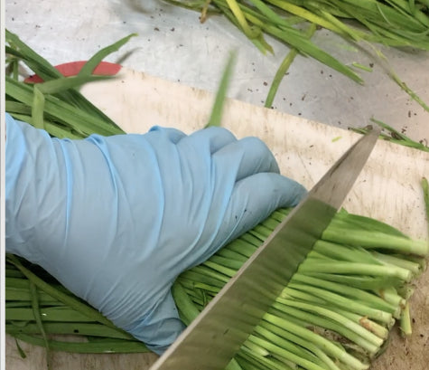 A gloved hand steadying a bundle of garlic chives on a board while a knife trims the stalks