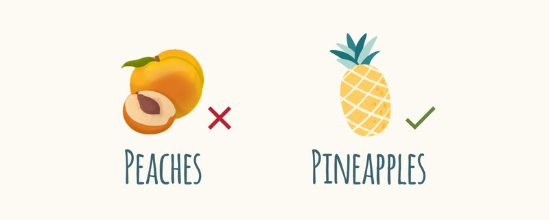 Peaches, marked with a red X, versus pineapple, marked with a green check mark.